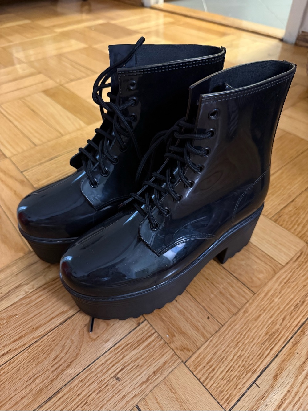 Jeffrey Campbell Black Glossy Platform Lace-Up Boots